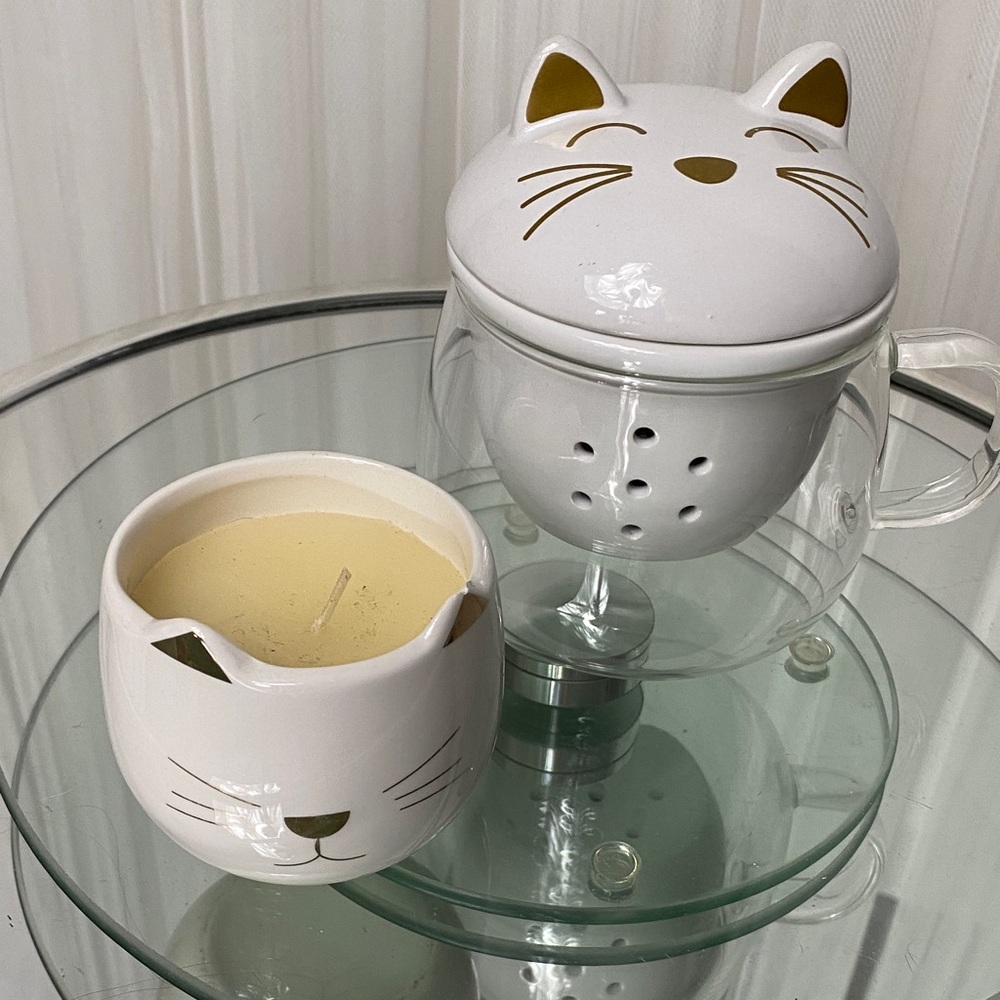 Cat-Themed White and Gold Mug with Candle